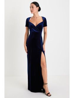 Eternal Elegance Navy Blue Velvet Short Sleeve Maxi Dress