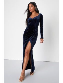 Forever Sensational Navy Blue Velvet Long Sleeve Maxi Dress