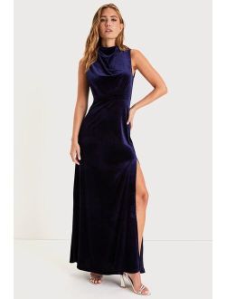 Classic Elegance Navy Velvet Sleeveless Mock Neck Maxi Dress