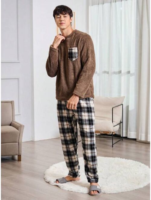 Shein Men Plaid Patched Pocket Flannel PJ Set