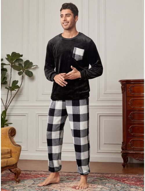 Shein Men Buffalo Plaid Patched Pocket PJ Set