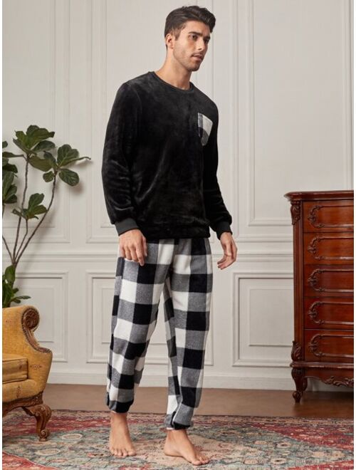 Shein Men Buffalo Plaid Patched Pocket PJ Set