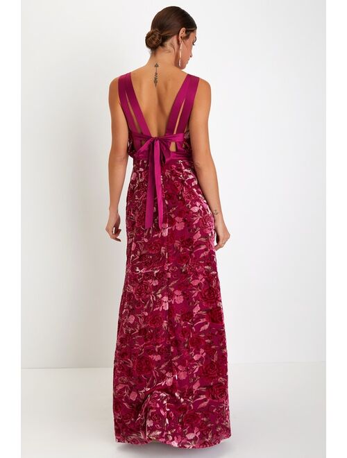 Lulus Pretty Perception Magenta Velvet Floral Backless Maxi Dress
