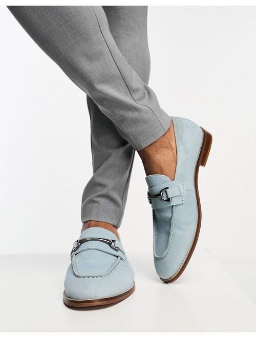 ASOS DESIGN loafers in pale blue suede with snaffle detail and natural sole