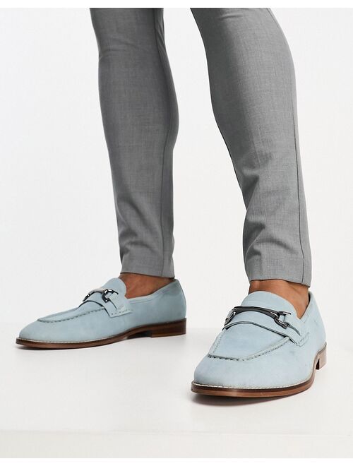ASOS DESIGN loafers in pale blue suede with snaffle detail and natural sole