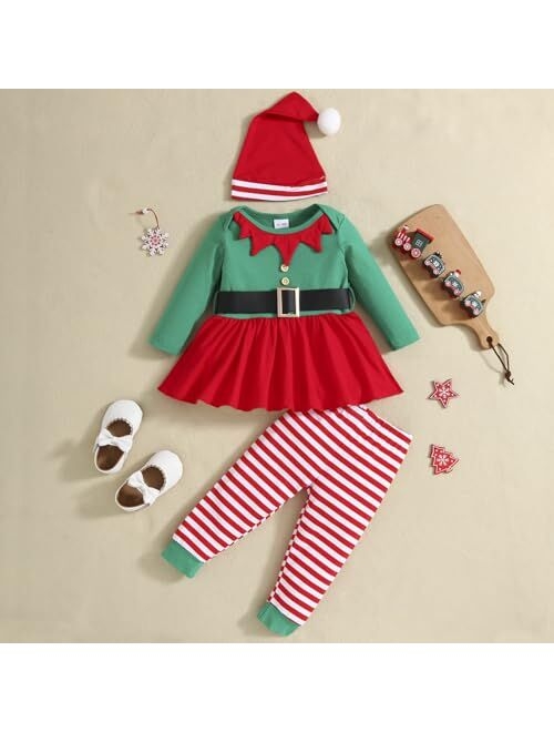 WOLBAY Newborn Toddler Girl Christmas Outfit Santa Romper Bodysuit Top+Striped Pants With Hat Clothing For Girl