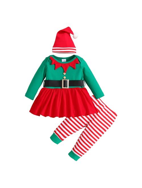 WOLBAY Newborn Toddler Girl Christmas Outfit Santa Romper Bodysuit Top+Striped Pants With Hat Clothing For Girl