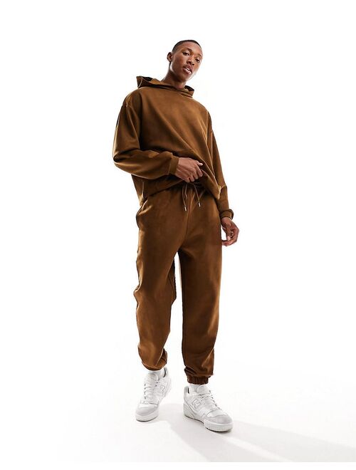 ASOS DESIGN tapered sweatpants in suedette texture in brown