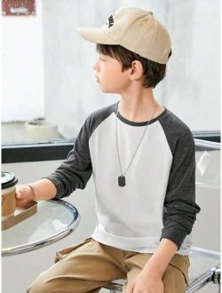SHEIN Kids KDOMO Boys' Casual Gray Raglan Long Sleeve Knitted T-shirt, Autumn/winter Basic Tee