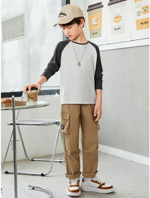 SHEIN Kids KDOMO Boys' Casual Gray Raglan Long Sleeve Knitted T-shirt, Autumn/winter Basic Tee