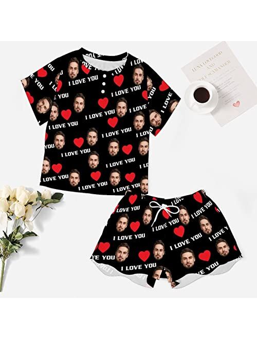 Artsadd Custom Women's Short Pajamas Set with Face Photo Personalized PJ Soft Loungewear Gift for Women Girls Mom Christmas