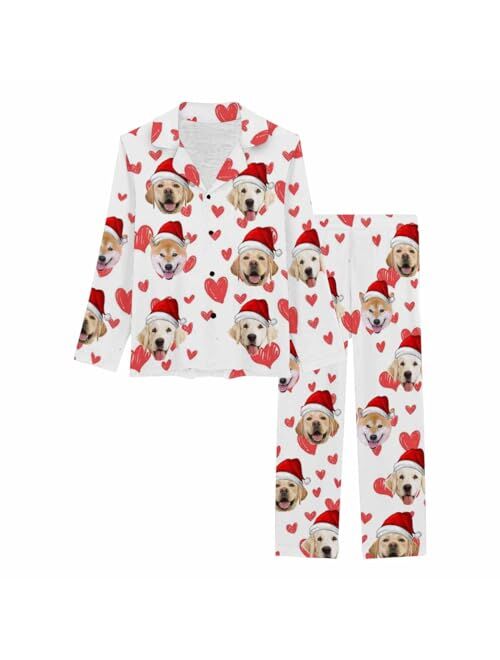 Artsadd Custom Face Black Paw Womens Long Pajama Set Personalized Photo On Sleepwear Nightwear