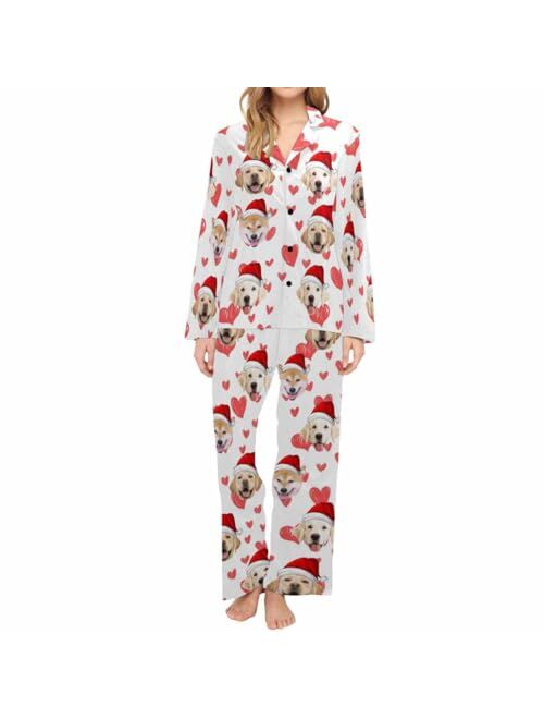 Artsadd Custom Face Black Paw Womens Long Pajama Set Personalized Photo On Sleepwear Nightwear