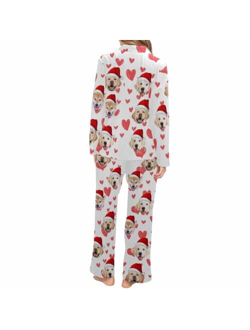 Artsadd Custom Face Black Paw Womens Long Pajama Set Personalized Photo On Sleepwear Nightwear