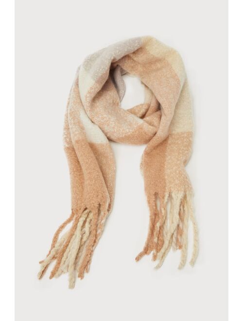 Lulus Perfect Warmth Beige and Ivory Plaid Scarf