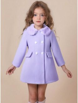 Shein Young Girl Borg Collar Double Breasted Flap Detail Overcoat
