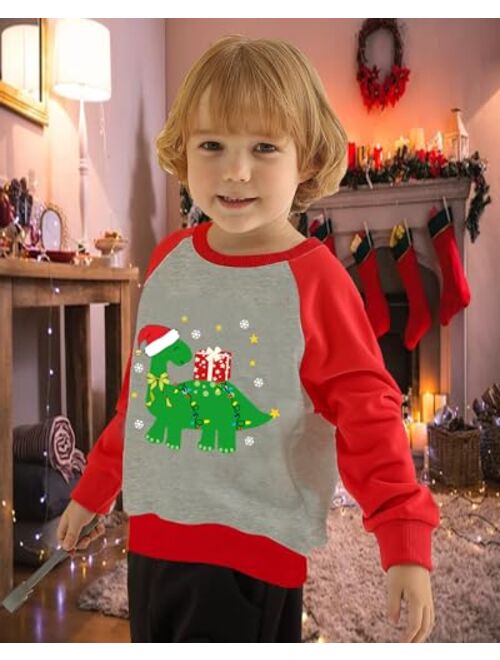 DDSOL Toddler Boy Christmas Sweatshirt Raglan Long Sleeve Santa Elk Dinosaur Holiday Shirt Tops for Kids 2-7T