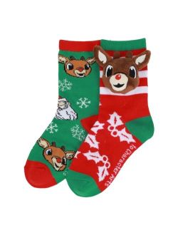 Rudolph The Red-Nosed Reindeer Holly & Snowflakes Kids 2-Pair Crew Socks