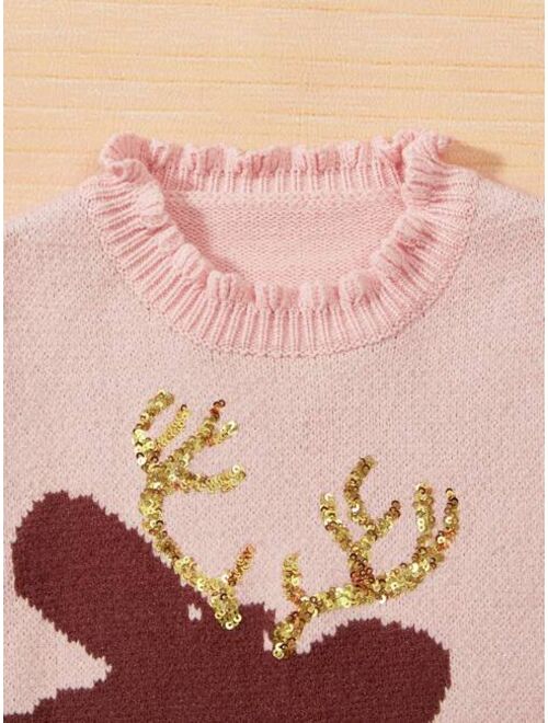 SHEIN Kids QTFun Young Girl Deer Pattern Sequin Detail Frill Trim Sweater
