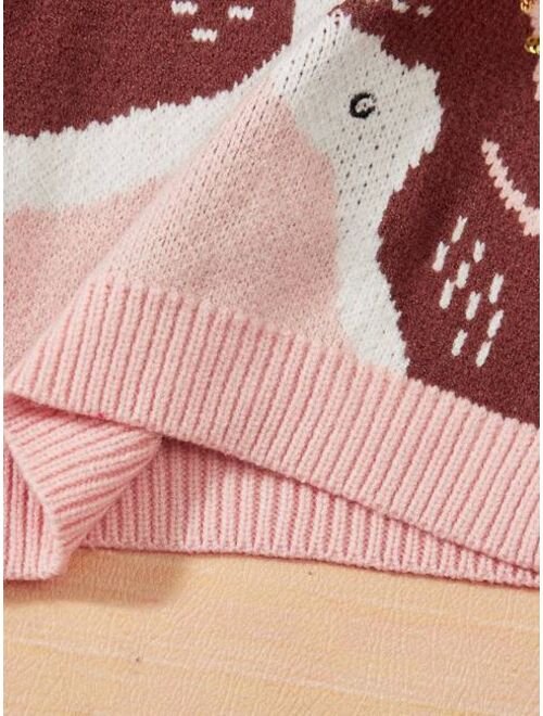 SHEIN Kids QTFun Young Girl Deer Pattern Sequin Detail Frill Trim Sweater