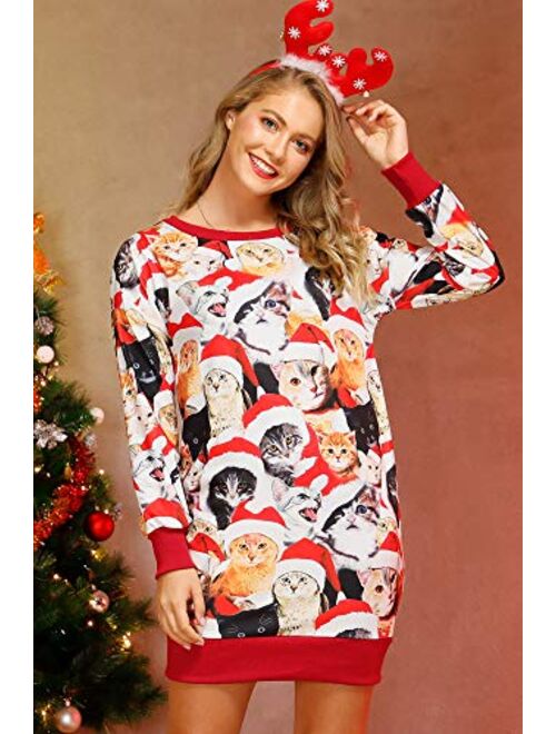 Spadehill Christmas Women Long Sleeve Printed Sweatshirt Dress