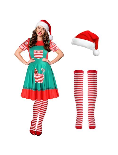 Hillban 3 Pcs Christmas Elf Costume Set Womens Short Sleeve Christmas Dress Thigh High Socks Santa Hat for Xmas Party