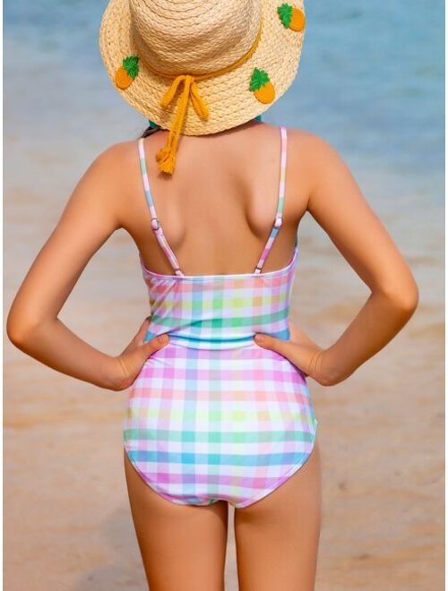 Shein Girls Plaid Cut-out One Piece Swimsuit