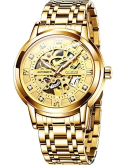Gold Skeleton Men's Automatic Mechanical Watches self Winding Luxury Dress Shiny Diamond Stainess Steel Waterproof Luminous Wrist Watches