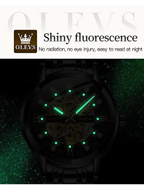 OLEVS Gold Skeleton Men's Automatic Mechanical Watches self Winding Luxury Dress Shiny Diamond Stainess Steel Waterproof Luminous Wrist Watches