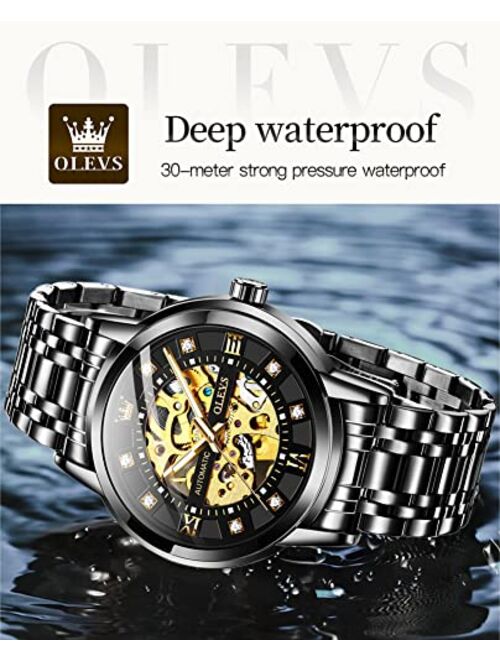 OLEVS Gold Skeleton Men's Automatic Mechanical Watches self Winding Luxury Dress Shiny Diamond Stainess Steel Waterproof Luminous Wrist Watches