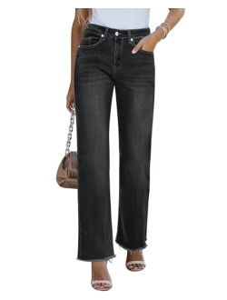 GRAPENTStraightLegJeansforWomenHighWaistedStretchyFrayedRawHem LooseDenimPantsCasualBaggyJeanTrousers