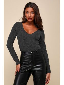 Clean Look Black and Silver Lurex V-Neck Long Sleeve Bodysuit
