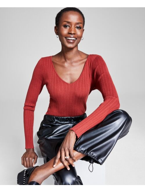 AND NOW THIS Women's V-Neck Ribbed Sweater-Knit Long-Sleeve Bodysuit, Created for Macy's