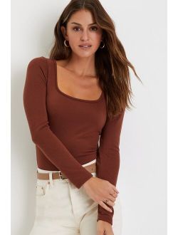 Charming Essential Brown Square Neck Long Sleeve Bodysuit