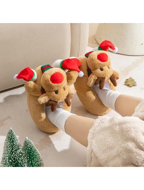 Onmygogo Fuzzy Indoor Animal Christmas Moose Slippers for Men and Women