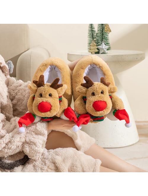 Onmygogo Fuzzy Indoor Animal Christmas Moose Slippers for Men and Women