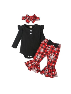 Ovmxqso Newborn Baby Girl Christmas Outfit Ruffle Ribbed Long Sleeve Romper Buffalo Snowflake Floral Pants Set Headband