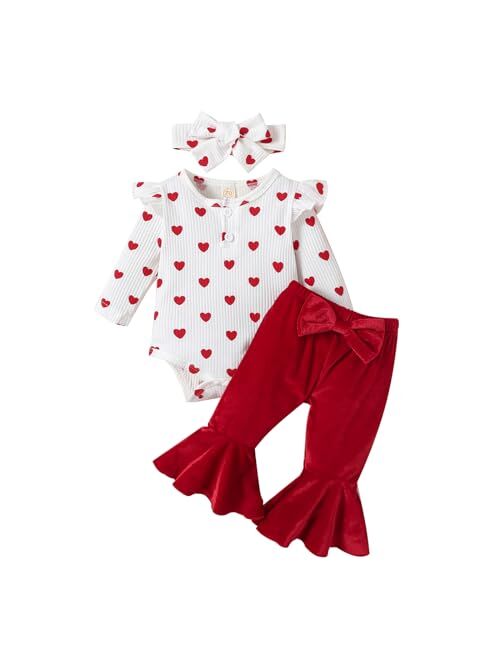 Ovmxqso Newborn Baby Girl Christmas Outfit Ruffle Ribbed Long Sleeve Romper Buffalo Snowflake Floral Pants Set Headband