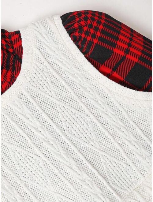 SHEIN Girls' Knitted Solid Color Sleeveless Vest Top And Knitted Plaid Dress, Mommy And Me Matching Outfits