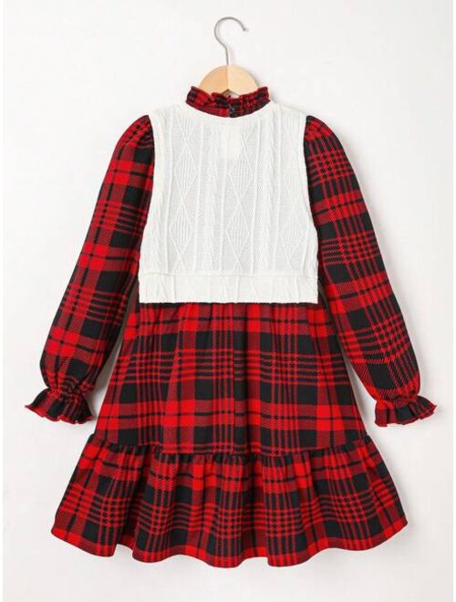 SHEIN Girls' Knitted Solid Color Sleeveless Vest Top And Knitted Plaid Dress, Mommy And Me Matching Outfits