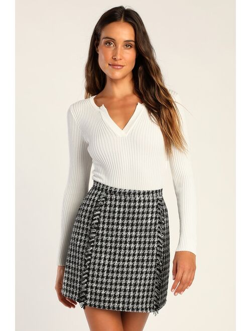 Lulus Get the Grade Black and White Houndstooth Tweed Mini Skirt