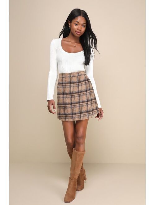 Lulus Poised Charm Beige and Brown Tweed Plaid Faux Wrap Mini Skirt