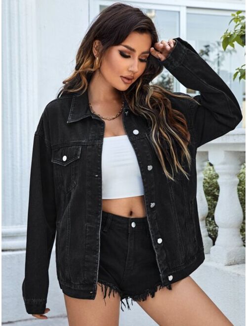 SHEIN Essnce Drop Shoulder Flap Pocket Denim Jacket