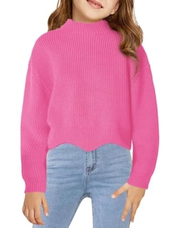 Haloumoning Girls Mock Neck Sweaters Kids Fall Fashion Long Batwing Sleeve Rib Knit Pullover Clothes 5-14 Years