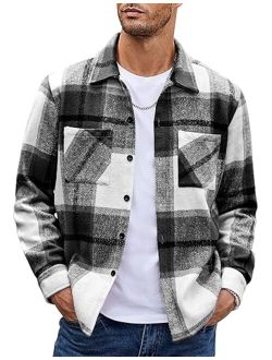 Men's Flannel Shirts Casual Button Down Plaid Shirt Jacket Long Sleeve Fleece Shacket with Pockets