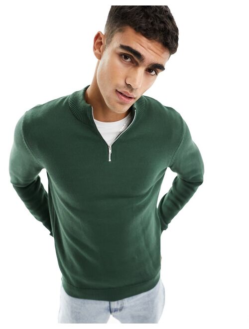 ASOS DESIGN midweight cotton knitted 1/4 zip sweater in green