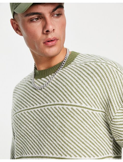 New Look stripe crew neck sweater in light khaki