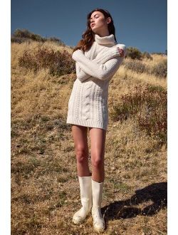 Cozy Vision Ivory Cable Knit Turtleneck Mini Sweater Dress