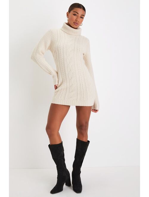 Lulus Cozy Vision Ivory Cable Knit Turtleneck Mini Sweater Dress