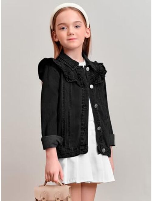 Haloumoning Girls Ruffle Jean Jackets Kids Button Denim Jacket Fashion Outerwear with Pockets